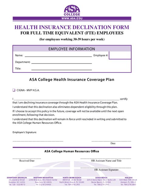 Fillable Online Hr Health Insurance Declination Form Fte Fax Email