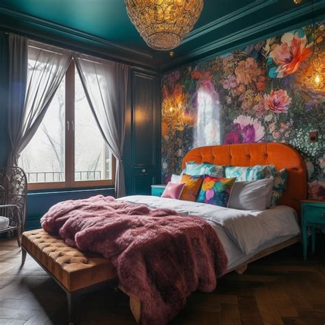 Premium AI Image | A bedroom with a floral wallpaper on the wall