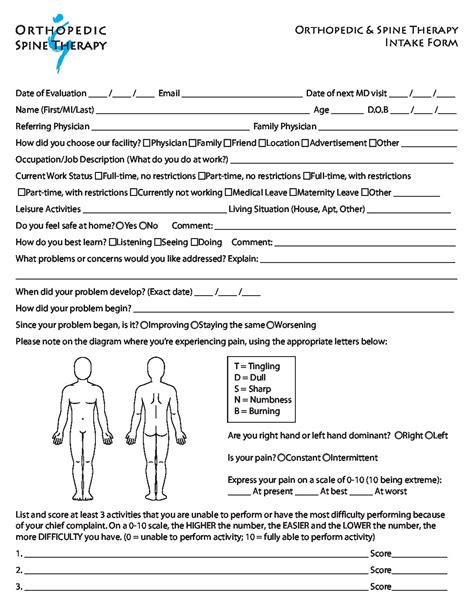 Intake Form Fillable Orthopedic Spine Therapy