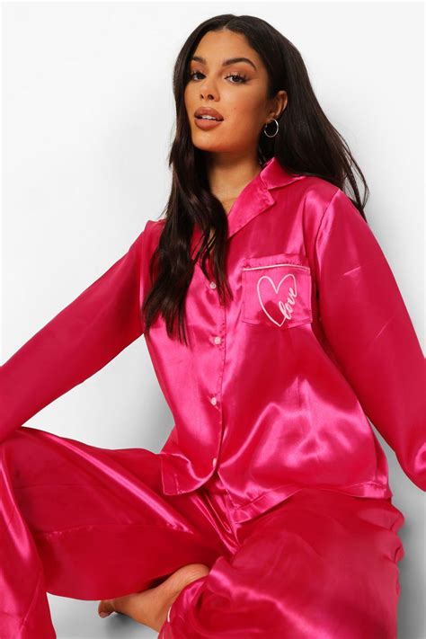 Love Embroidered Satin Pajamas Satin Pajamas Luxe Loungewear