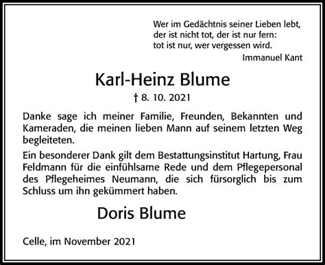 Traueranzeigen Von Karl Heinz Blume Trauerportal Der Celleschen Zeitung