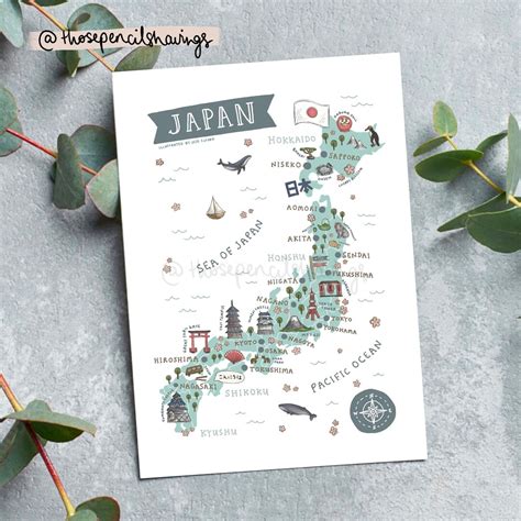 Map of Japan Postcard Cute Illustrated Japan Map Mini Print Japanese ...