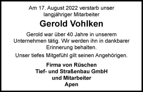 Traueranzeigen Von Gerold Vohlken Nordwest Trauer De