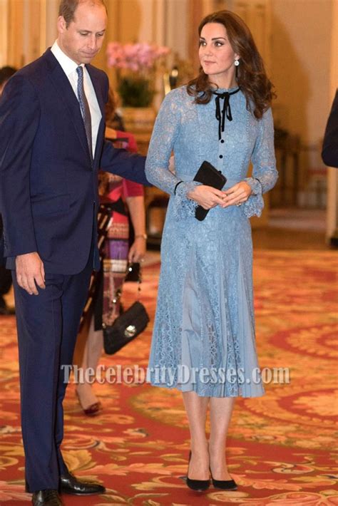 Kate Middleton Light Blue Lace Short Dress With Long Sleeves - TheCelebrityDresses