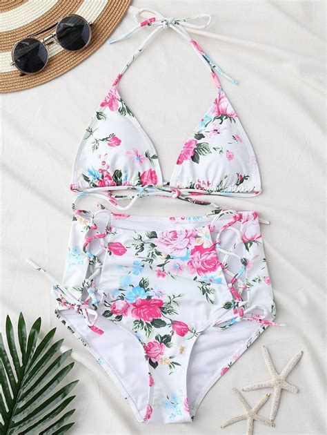 Off Strappy Lace Up High Waist Floral Bikini Set In Floral