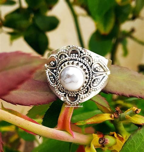 White Howlite Ring Silver Ring Round Stone Ring White Buffalo