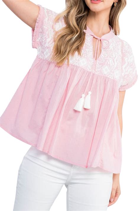 Thml 100 Cotton Embroidered Baby Doll Top In Pink Cotton Island