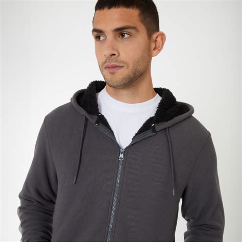 Threadbare Waffle Texture Sherpa Lined Zip Through Hoodie Dark Grey