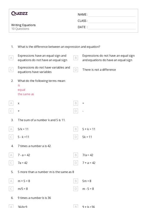 50 Writing Equations Worksheets For 6th Class On Quizizz Free