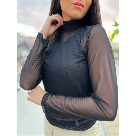 Blusa de Tule Manga Longa Gola Alta Elegância Shopee Brasil