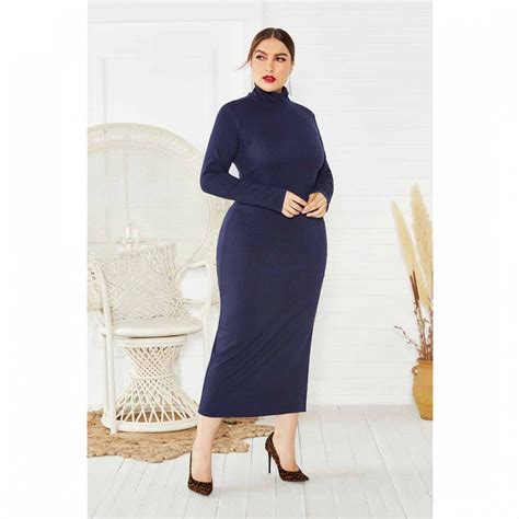 Plus Size Women Mock Neck Fall Winter Work Slimming Knit Midi Dress