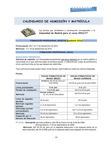 CALENDARIO DE ADMISIÓN Y MATRÍCULA