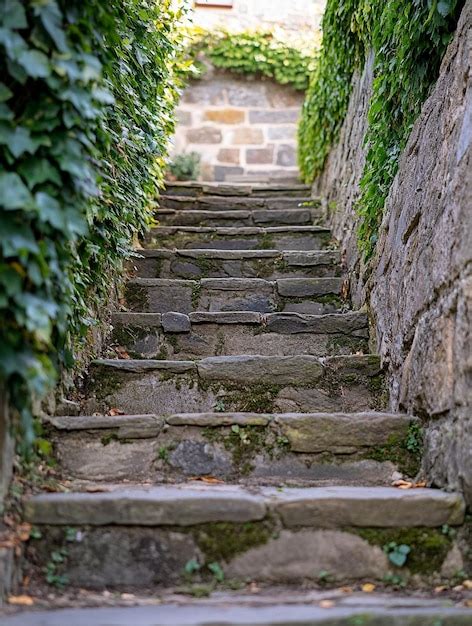 Charming Stone Steps Surrounded By Lush Greenery A Serene Pathway In