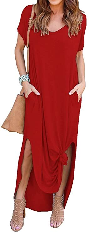 Grecerelle Womens Casual Loose Pocket Long Dress Short Sleeve Split