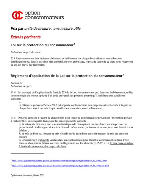 Extraits Loi sur la protection du consommateur et règlement d