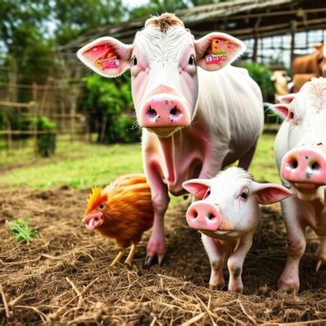 Cow Pig And Chicken In A Farm