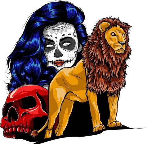 Premium Vector Lion With Skull And Girl Vector Illustration On White Background