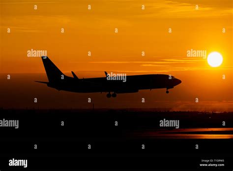 Passenger Plane Landing At The Airport On Sunset Stock Photo Alamy