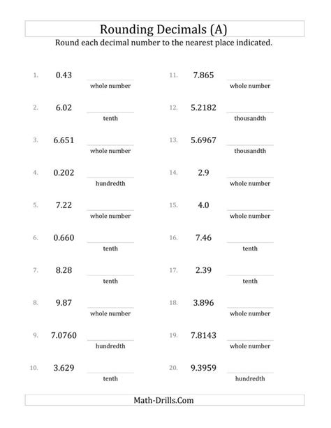 Decimal Places Rounding Worksheet