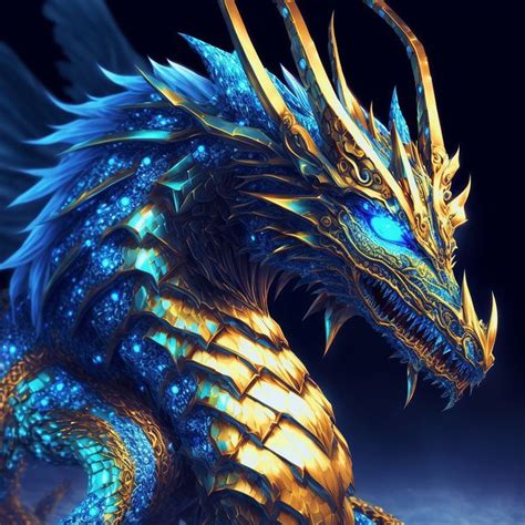 A Blue And Gold Dragon With Glowing Eyes