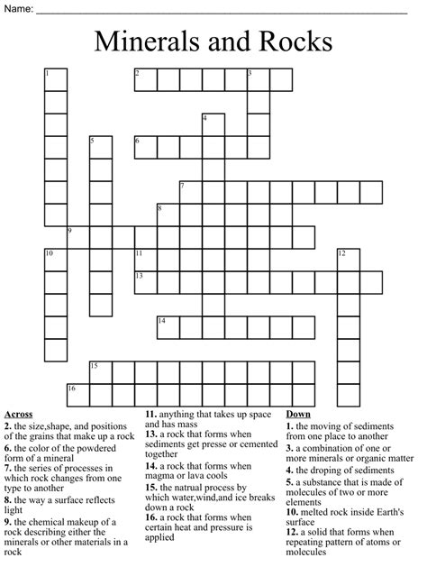 Minerals And Rocks Crossword WordMint