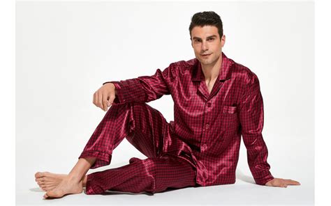 Mens Silk Satin Pajama Set Long Sleeve Burgundy With Black Diamods Tony And Candice