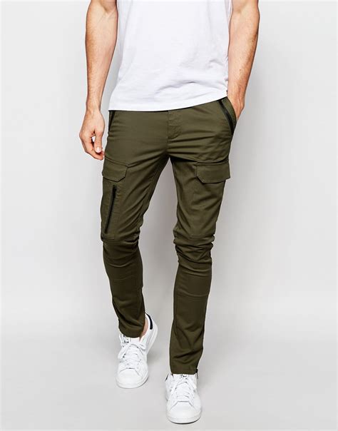 Asos Super Skinny Pants With Zip Cargo Pockets In Khaki Green In