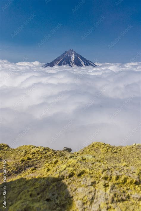 Kamchatka Volcanic Landscape View To Top Of Cone Of Koryaksky Volcano