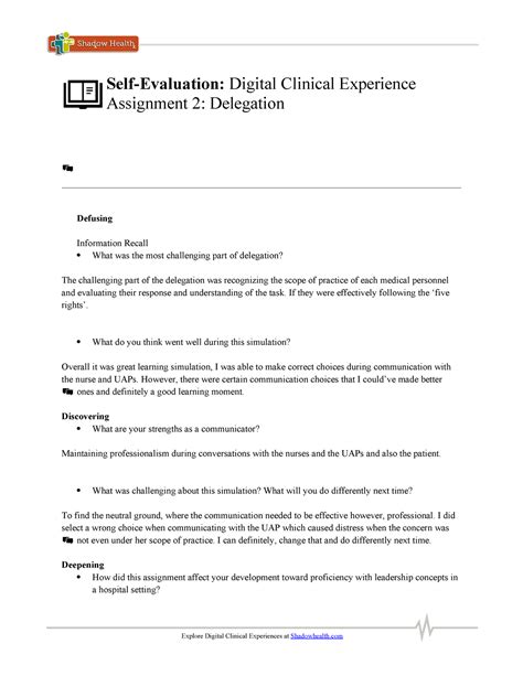 Shadow Health Self Evaluation Delegation 2 - Explore Digital Clinical