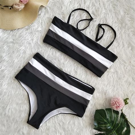 FREE SHIPPING Sexy Retro Bandeau High Waist Striped Bikini Set JKP3157