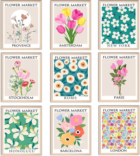 Amazon TRAMIN Flower Market Poster Set Of 9 Vintage Colorful