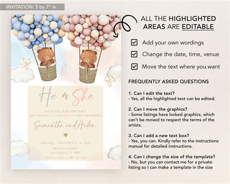 Teddy Bears Gender Reveal Invitation Hot Air Balloon Gender Etsy