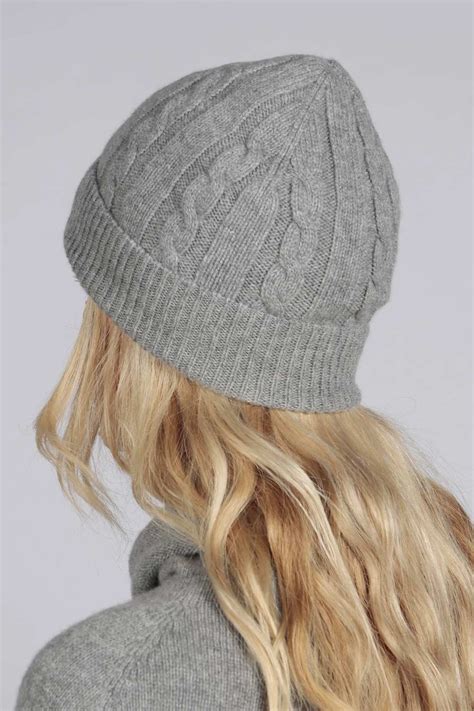 Light Grey Pure Cashmere Beanie Hat Cable And Rib Knit