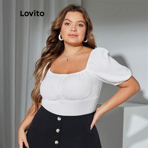 Lovito Plus Size Curve Casual Plain Ruched Puff Sleeve Square Neck Women T Shirt Lps05010 White