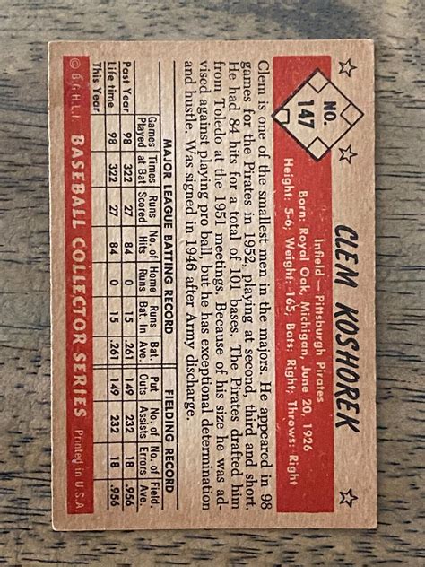 Clem Koshorek 1953 Bowman Baseball 147 Pittsburgh Pirates VG EX INK NO