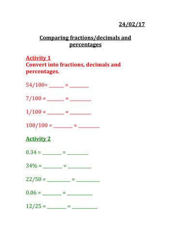 Comparing Fractionsdecimals And Percentages Teaching Resources