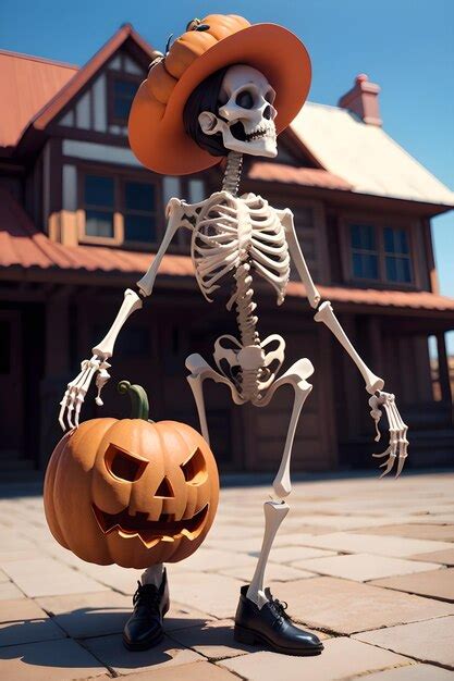 Premium Ai Image Halloween Skeleton In Front Of A Haunted House