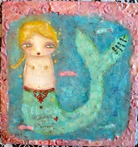 Folk Art Mermaid Painting 8x8 12original Primitive Beeswax Etsy