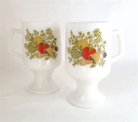 Set Of 2 Vintage Milk Glass Pedestal Mugs With Spice Of Life Vegetable Design By Corning Vintage