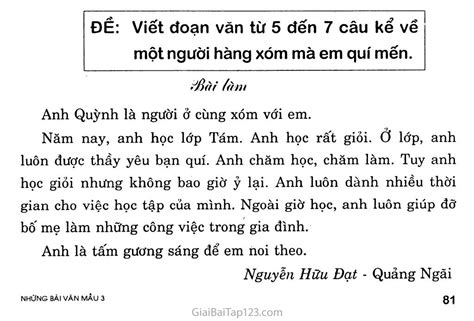 Viết đoạn văn từ 5 đến 7 câu kể về một nguời hàng xóm mà em quí mến