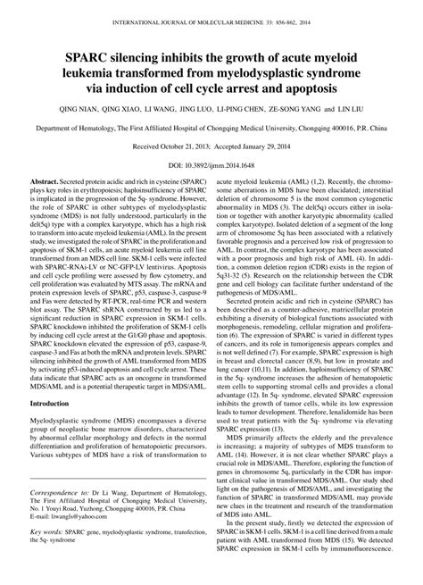 Pdf Sparc Silencing Inhibits The Growth Of Acute Myeloid Leukemia