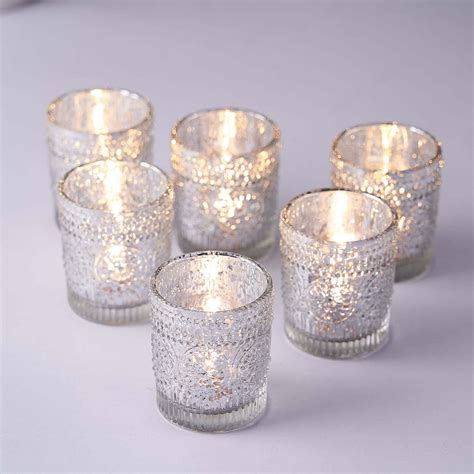 6 Pack Silver Mercury Glass Candle Holders Votive Tealight Holders With Primrose Design