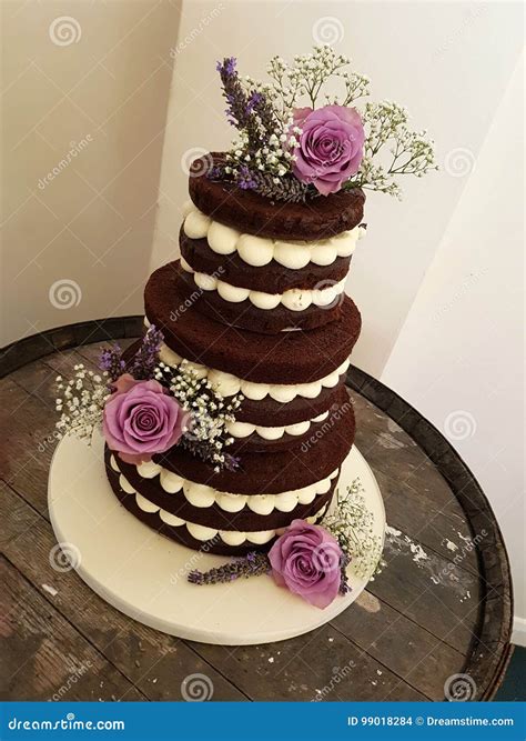 Tier Chocolate Naked Cake With Fresh Flowers Stock Photo Image Of Roses Celebration