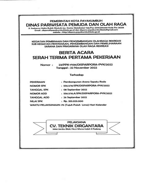 Berita Acara Pho Pekerjaan Pembangunan Arena Sepatu Roda Kota