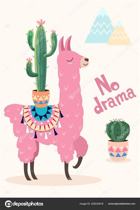 Stylized Cartoon Lama Ornament Design Cactus Vector Card Poster Stock