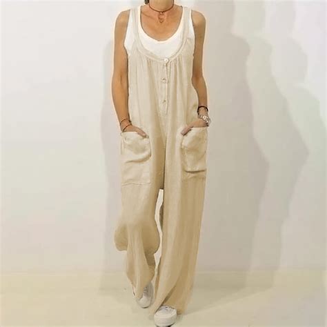 Dcenta Women Summer Cotton Linen Jumpsuit Solid Color Wide Leg Pants