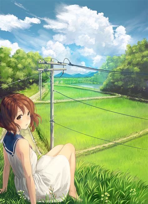 1girl O Barefoot Brown Eyes Brown Hair Dress Grass Hibike Euphonium Highres Looking At Viewer