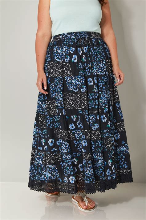 Navy Floral Print Tiered Maxi Skirt With Lace Trim Hem Plus Size 16 To 36