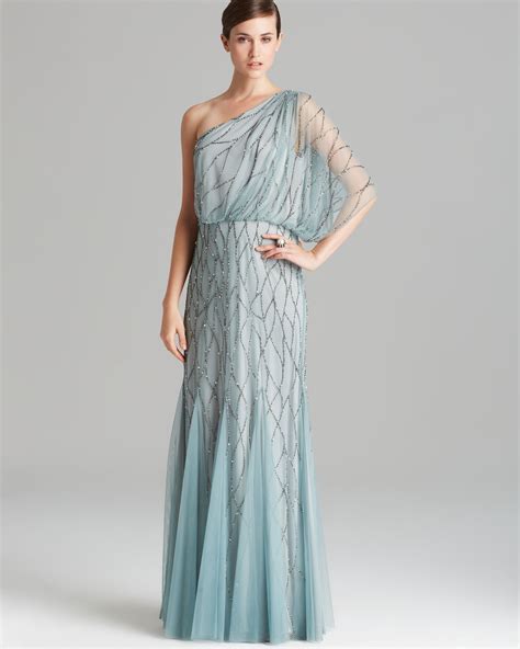 Adrianna Papell Gown One Shoulder Blouson With Beaded Mesh In Blue Lyst