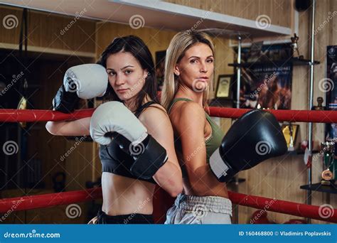 Portrait Of Pretty Female Boxers On The Ring Stock Photo Image Of